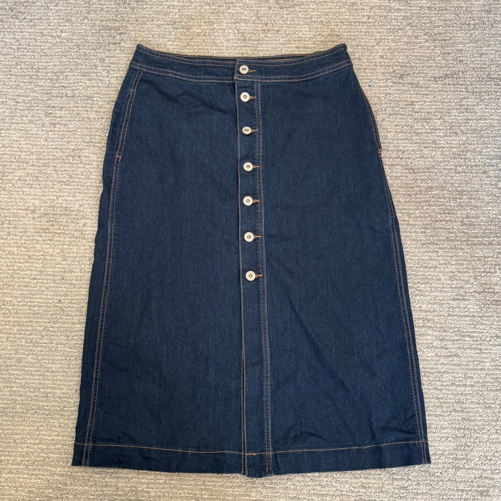 Style & Co Denim Midi Skirt Dark Wash Button Front A-Line Stretch Size 4